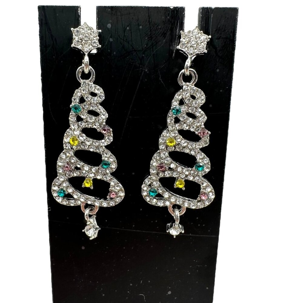 Sparkly Christmas Tree Drop Earrings Multicolor Rhinestones Silver Green Yellow
